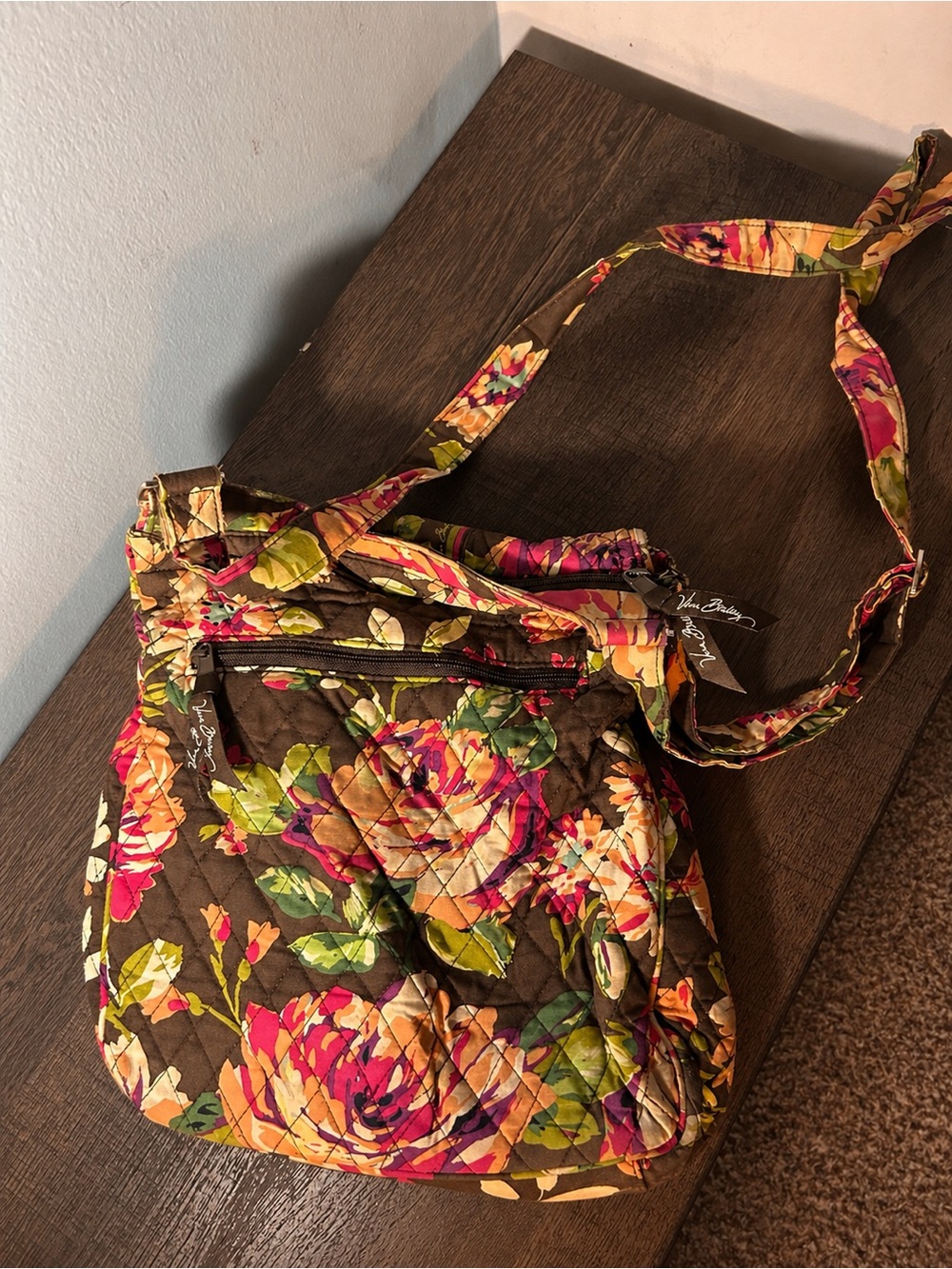 Vera Bradley Brown Floral Quilted Shoulder Bag with Pink & Green Accents